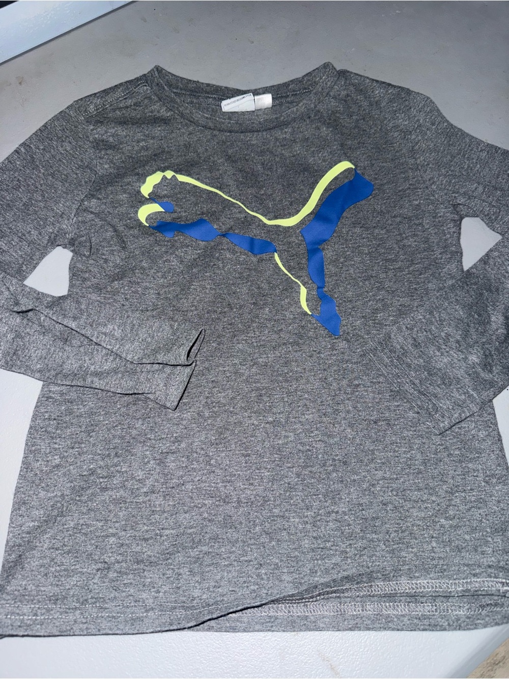 Puma Gray Long-Sleeve Tee with Blue & Neon Yellow Logo